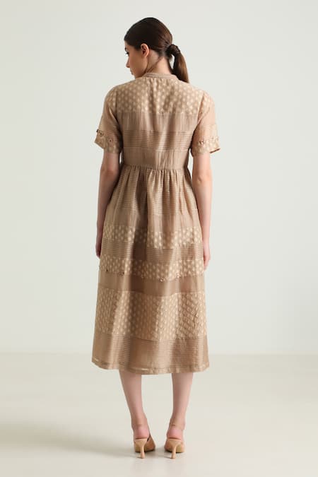 Shop_Arcvsh By Pallavi Singh_Beige Organza, Cotton, Chanderi Embroidery, Lace Collared Detailed Midi Dress _at_Aza_Fashions