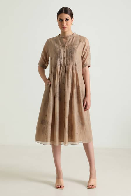 Arcvsh by Pallavi Singh Beige Cotton Chanderi Embroidered Floral Band Collar Pleat Detailed Midi Dress 