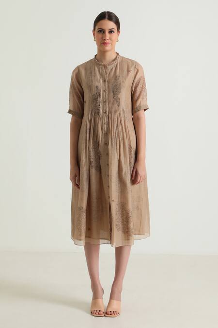 Buy_Arcvsh By Pallavi Singh_Beige Chanderi, Cotton Embroidery Bandeau Neck Pleat Detailed Midi Dress _Online_at_Aza_Fashions