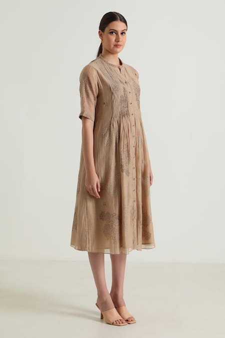 Shop_Arcvsh By Pallavi Singh_Beige Chanderi, Cotton Embroidery Bandeau Neck Pleat Detailed Midi Dress _Online_at_Aza_Fashions