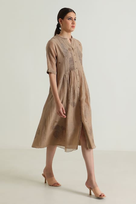 Arcvsh By Pallavi Singh_Beige Chanderi, Cotton Embroidery Bandeau Neck Pleat Detailed Midi Dress _at_Aza_Fashions