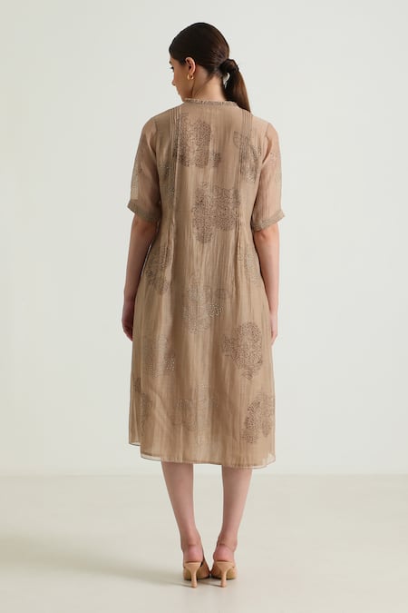 Shop_Arcvsh By Pallavi Singh_Beige Chanderi, Cotton Embroidery Bandeau Neck Pleat Detailed Midi Dress _at_Aza_Fashions