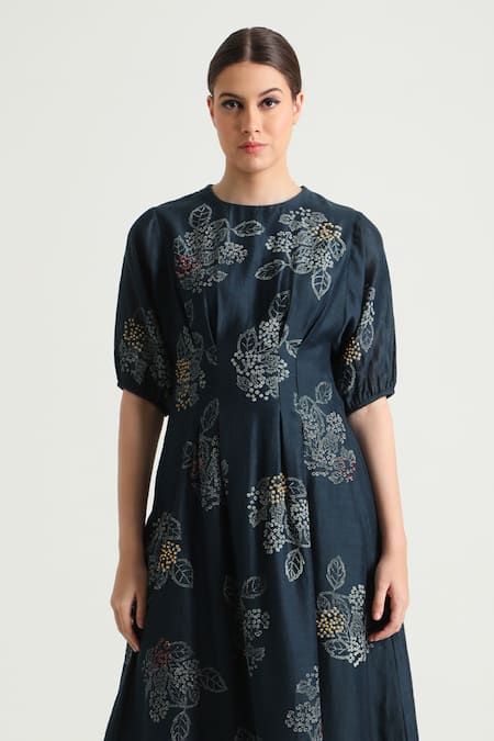 Arcvsh By Pallavi Singh_Blue Chanderi, Silk Embroidery Round Neck Floral Hand Block Print Midi Dress _Online_at_Aza_Fashions