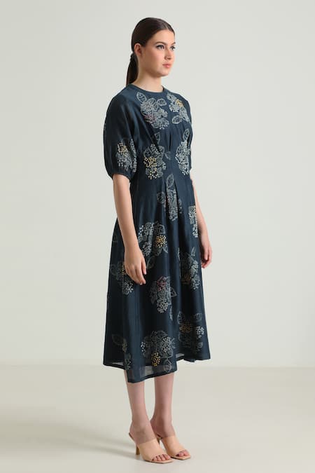 Buy_Arcvsh By Pallavi Singh_Blue Chanderi, Silk Embroidery Round Neck Floral Hand Block Print Midi Dress _Online_at_Aza_Fashions