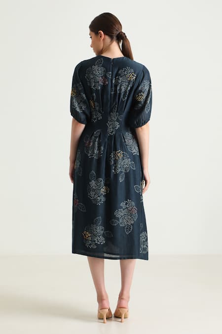 Shop_Arcvsh By Pallavi Singh_Blue Chanderi, Silk Embroidery Round Neck Floral Hand Block Print Midi Dress _at_Aza_Fashions