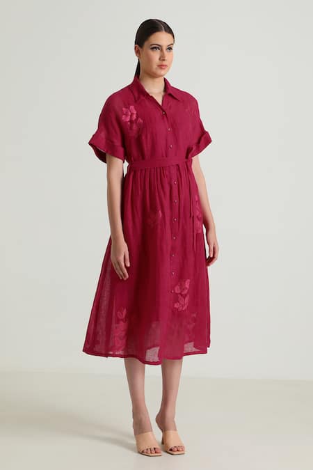 Arcvsh By Pallavi Singh_Fuchsia Embroidery Collared Carnation Embraided Midi Dress _Online_at_Aza_Fashions