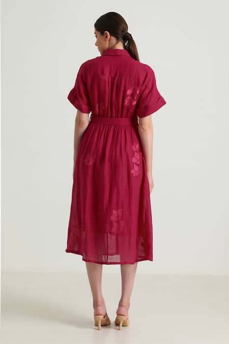 Shop Arcvsh By Pallavi Singh Fuchsia Embroidery Collared Carnation Embraided Midi Dress at Aza Fashions Shop_Arcvsh By Pallavi Singh_Fuchsia Embroidery Collared Carnation Embraided Midi Dress _at_Aza_Fashions