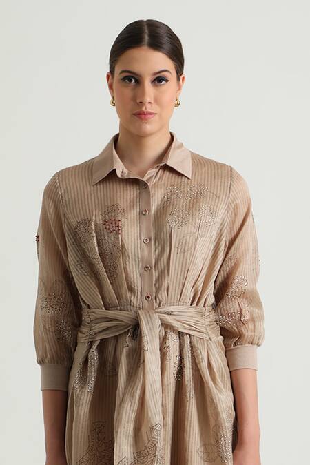 Arcvsh By Pallavi Singh_Beige Organza, Silk, Chanderi Embroidery Collared Tie-up Waist Printed Dress _Online_at_Aza_Fashions