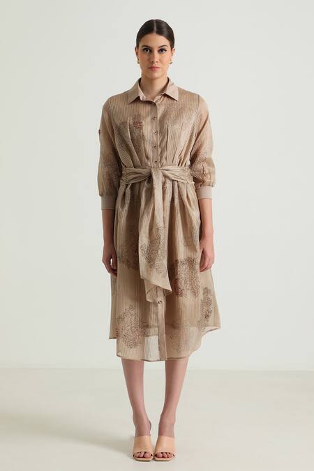 Buy_Arcvsh By Pallavi Singh_Beige Organza, Silk, Chanderi Embroidery Collared Tie-up Waist Printed Dress _Online_at_Aza_Fashions