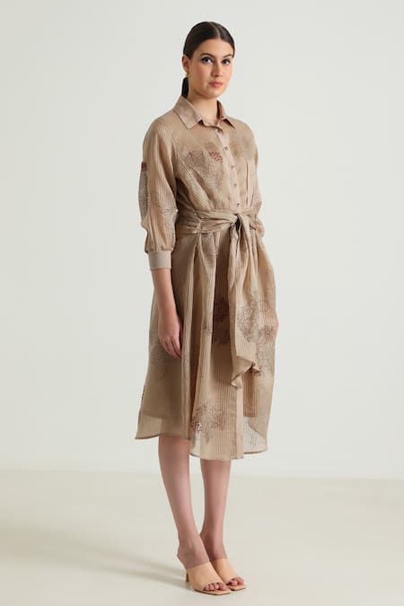 Shop_Arcvsh By Pallavi Singh_Beige Organza, Silk, Chanderi Embroidery Collared Tie-up Waist Printed Dress _Online_at_Aza_Fashions