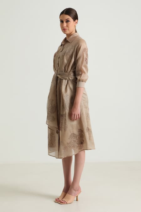 Arcvsh By Pallavi Singh_Beige Organza, Silk, Chanderi Embroidery Collared Tie-up Waist Printed Dress _at_Aza_Fashions