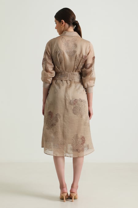 Shop_Arcvsh By Pallavi Singh_Beige Organza, Silk, Chanderi Embroidery Collared Tie-up Waist Printed Dress _at_Aza_Fashions