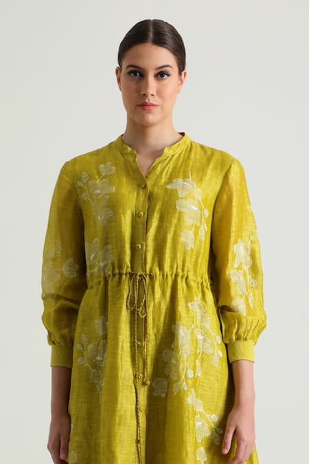 Arcvsh By Pallavi Singh_Yellow Silk, Chanderi Collared Carnation Print Midi Dress _Online_at_Aza_Fashions