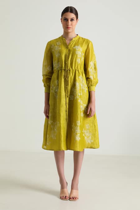 Buy_Arcvsh By Pallavi Singh_Yellow Silk, Chanderi Collared Carnation Print Midi Dress _Online_at_Aza_Fashions