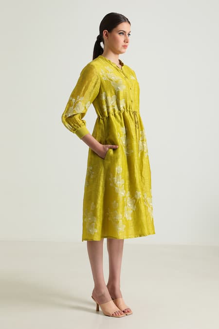 Shop_Arcvsh By Pallavi Singh_Yellow Silk, Chanderi Collared Carnation Print Midi Dress _Online_at_Aza_Fashions