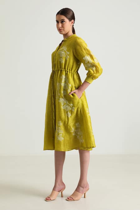 Arcvsh By Pallavi Singh_Yellow Silk, Chanderi Collared Carnation Print Midi Dress _at_Aza_Fashions