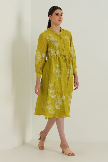 Buy_Arcvsh By Pallavi Singh_Yellow Silk, Chanderi Collared Carnation Print Midi Dress 