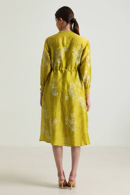 Shop_Arcvsh By Pallavi Singh_Yellow Silk, Chanderi Collared Carnation Print Midi Dress _at_Aza_Fashions