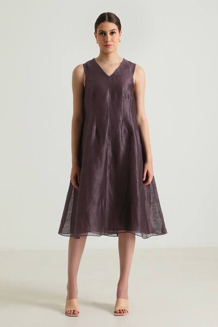 Arcvsh By Pallavi Singh_Purple Organza, Brocade, Silk Open Neck, Floral Pattern Jacket With Midi Dress _Online_at_Aza_Fashions