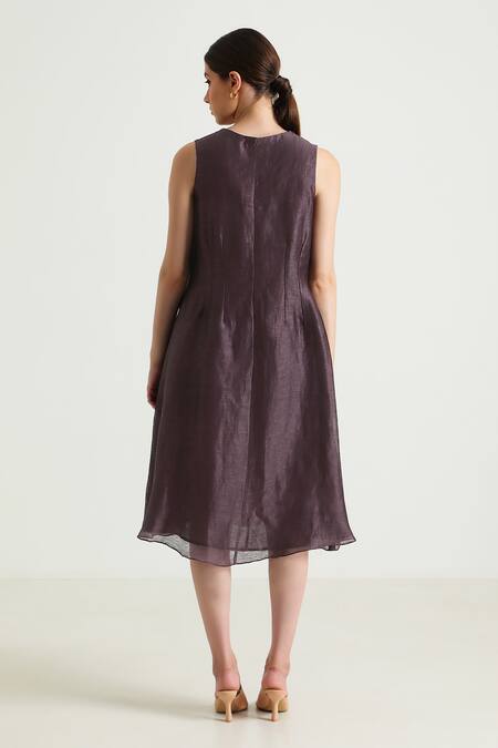 Buy_Arcvsh By Pallavi Singh_Purple Organza, Brocade, Silk Open Neck, Floral Pattern Jacket With Midi Dress _Online_at_Aza_Fashions