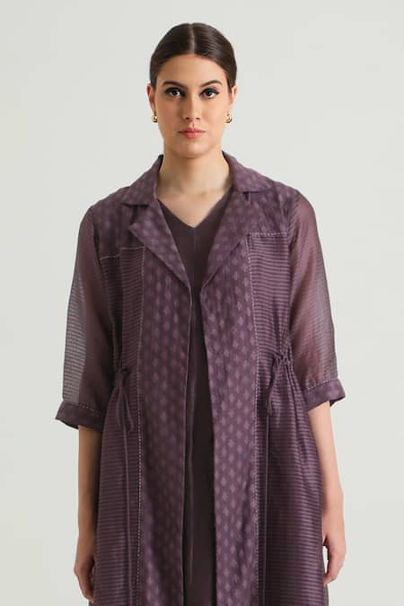 Shop_Arcvsh By Pallavi Singh_Purple Organza, Brocade, Silk Open Neck, Floral Pattern Jacket With Midi Dress _Online_at_Aza_Fashions