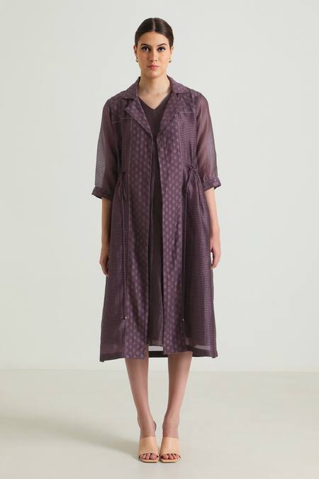 Arcvsh By Pallavi Singh_Purple Organza, Brocade, Silk Open Neck, Floral Pattern Jacket With Midi Dress _at_Aza_Fashions