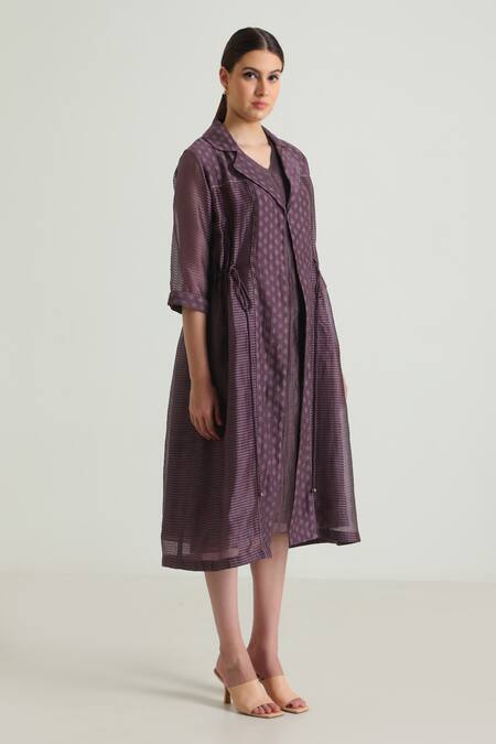 Buy_Arcvsh By Pallavi Singh_Purple Organza, Brocade, Silk Open Neck, Floral Pattern Jacket With Midi Dress 