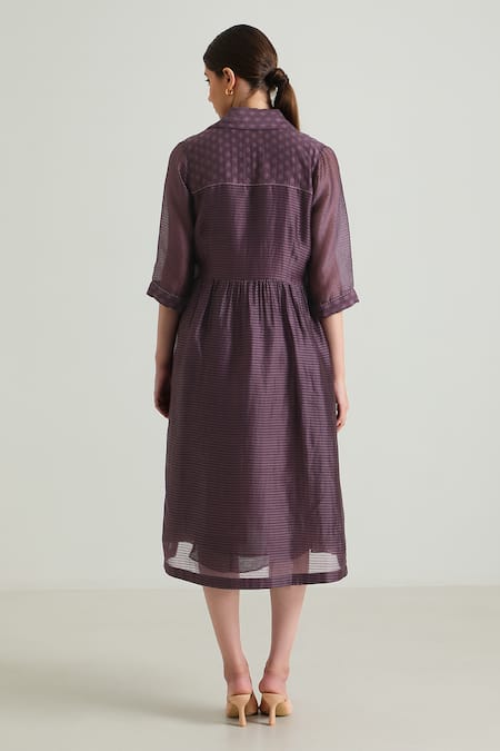 Shop_Arcvsh By Pallavi Singh_Purple Organza, Brocade, Silk Open Neck, Floral Pattern Jacket With Midi Dress _at_Aza_Fashions