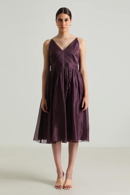 Arcvsh By Pallavi Singh_Purple Organza, Brocade, Silk Embroidery Open Scallop Hem Jacket With Midi Dress _Online_at_Aza_Fashions