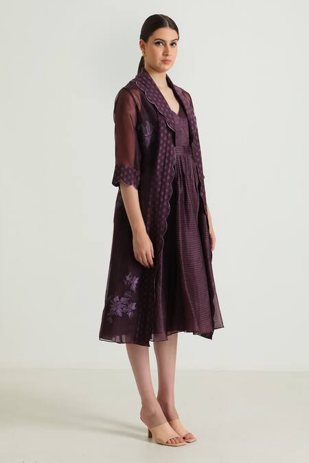 Shop_Arcvsh By Pallavi Singh_Purple Organza, Brocade, Silk Embroidery Open Scallop Hem Jacket With Midi Dress _Online_at_Aza_Fashions