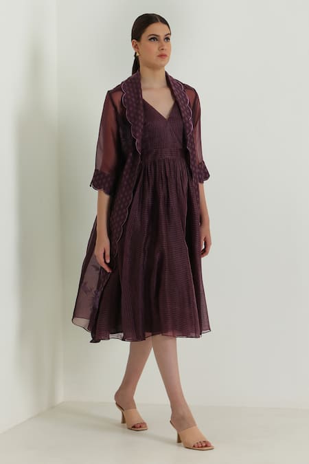 Arcvsh By Pallavi Singh_Purple Organza, Brocade, Silk Embroidery Open Scallop Hem Jacket With Midi Dress _at_Aza_Fashions