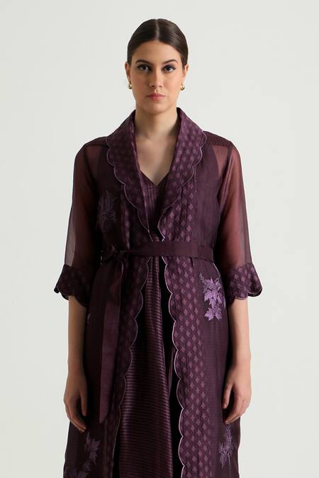 Buy_Arcvsh By Pallavi Singh_Purple Organza, Brocade, Silk Embroidery Open Scallop Hem Jacket With Midi Dress 