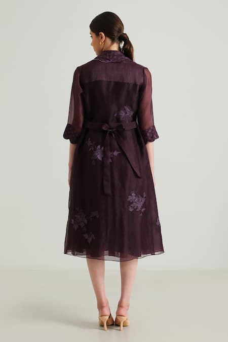 Shop_Arcvsh By Pallavi Singh_Purple Organza, Brocade, Silk Embroidery Open Scallop Hem Jacket With Midi Dress _at_Aza_Fashions