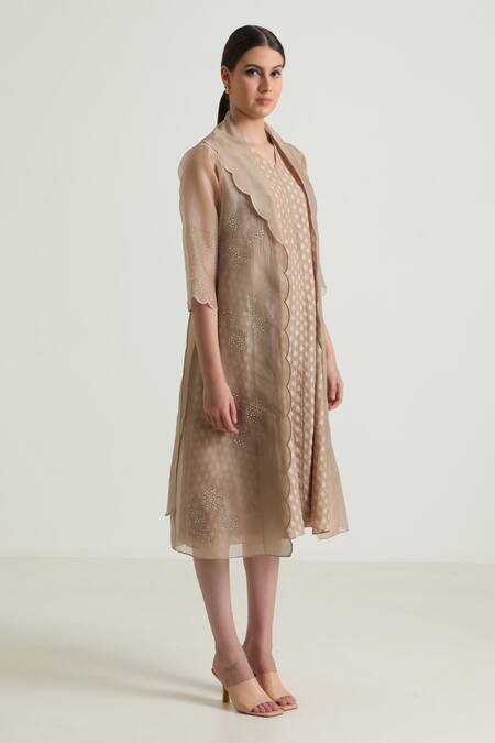 Buy_Arcvsh By Pallavi Singh_Beige Organza Embroidery V-, Open Scallop Hem Jacket With Dress _Online_at_Aza_Fashions