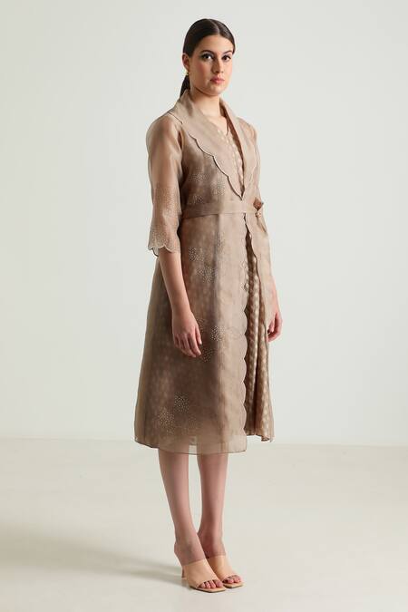 Shop_Arcvsh By Pallavi Singh_Beige Organza Embroidery V-, Open Scallop Hem Jacket With Dress _Online_at_Aza_Fashions