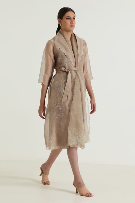 Arcvsh By Pallavi Singh_Beige Organza Embroidery V-, Open Scallop Hem Jacket With Dress _at_Aza_Fashions