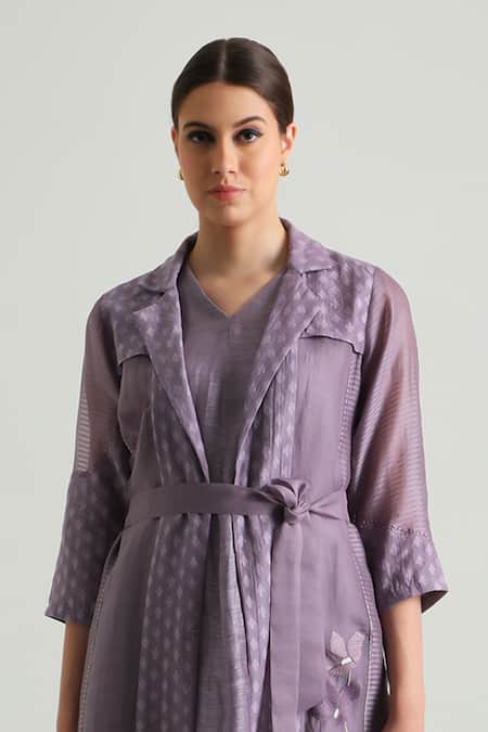 Shop_Arcvsh By Pallavi Singh_Purple Organza, Silk, Chanderi Embroidery Carnation Jacket With Solid Dress _Online_at_Aza_Fashions