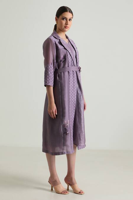 Arcvsh By Pallavi Singh_Purple Organza, Silk, Chanderi Embroidery Carnation Jacket With Solid Dress _at_Aza_Fashions