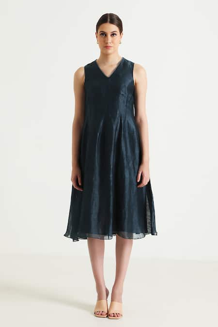 Arcvsh By Pallavi Singh_Blue Organza, Silk, Chanderi Embroidery Open Printed Jacket With Solid Dress _Online_at_Aza_Fashions