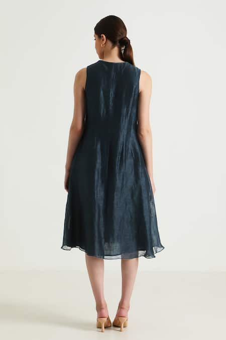 Buy_Arcvsh By Pallavi Singh_Blue Organza, Silk, Chanderi Embroidery Open Printed Jacket With Solid Dress _Online_at_Aza_Fashions