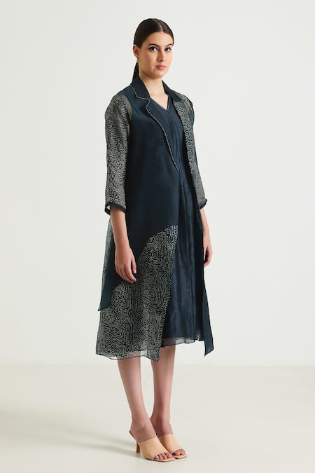 Shop_Arcvsh By Pallavi Singh_Blue Organza, Silk, Chanderi Embroidery Open Printed Jacket With Solid Dress _Online_at_Aza_Fashions