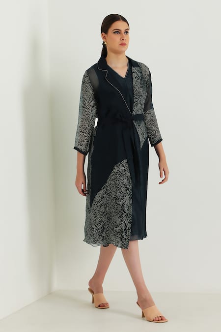 Arcvsh By Pallavi Singh_Blue Organza, Silk, Chanderi Embroidery Open Printed Jacket With Solid Dress _at_Aza_Fashions