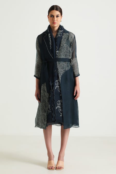 Buy_Arcvsh By Pallavi Singh_Blue Organza, Silk, Chanderi Embroidery Open Printed Jacket With Solid Dress 