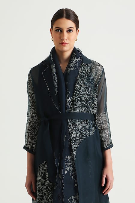 Shop_Arcvsh By Pallavi Singh_Blue Organza, Silk, Chanderi Embroidery Open Printed Jacket With Solid Dress 