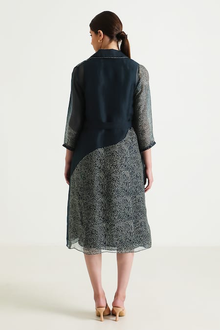 Shop_Arcvsh By Pallavi Singh_Blue Organza, Silk, Chanderi Embroidery Open Printed Jacket With Solid Dress _at_Aza_Fashions