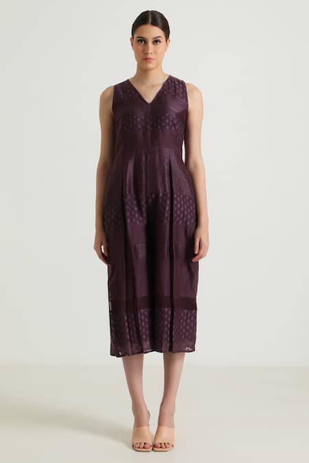 Arcvsh By Pallavi Singh_Purple Organza, Cotton, Chanderi Lace V-neck Detailed Jumpsuit _Online_at_Aza_Fashions