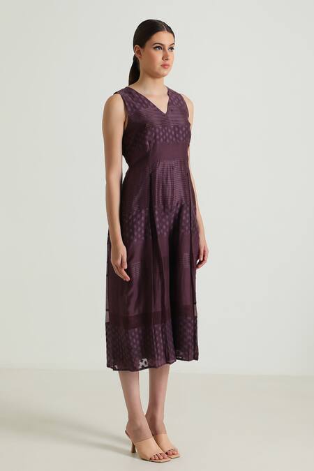 Shop Arcvsh By Pallavi Singh Purple Organza, Cotton, Chanderi Lace V-neck Detailed Jumpsuit Online at Aza Fashions Shop_Arcvsh By Pallavi Singh_Purple Organza, Cotton, Chanderi Lace V-neck Detailed Jumpsuit _Online_at_Aza_Fashions