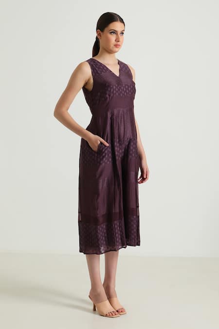 Arcvsh By Pallavi Singh Purple Organza, Cotton, Chanderi Lace V-neck Detailed Jumpsuit at Aza Fashions Arcvsh By Pallavi Singh_Purple Organza, Cotton, Chanderi Lace V-neck Detailed Jumpsuit _at_Aza_Fashions