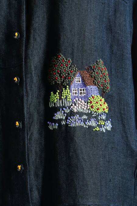 Arcvsh By Pallavi Singh_Blue Gabardine, Silk, Chanderi Embroidery Collared Front Shirt With Pant _Online_at_Aza_Fashions