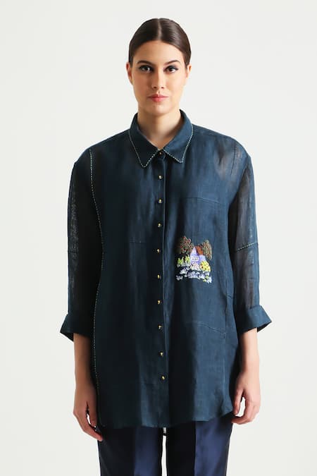 Buy_Arcvsh By Pallavi Singh_Blue Gabardine, Silk, Chanderi Embroidery Collared Front Shirt With Pant _Online_at_Aza_Fashions